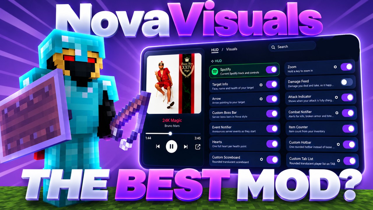 Nova Visuals in-game menu: HUD modules, Spotify panel and cosmetics